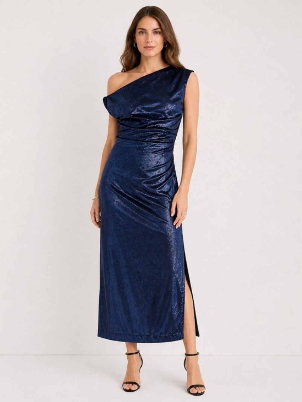 One-Shoulder Navy Shimmer Evening Dress